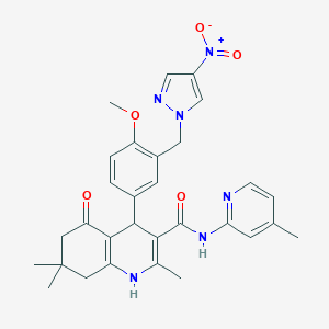 molecular formula C30H32N6O5 B451946 4-[3-({4-nitro-1H-pyrazol-1-yl}methyl)-4-methoxyphenyl]-2,7,7-trimethyl-N-(4-methyl-2-pyridinyl)-5-oxo-1,4,5,6,7,8-hexahydro-3-quinolinecarboxamide 