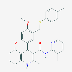molecular formula C32H33N3O3S B451973 4-(4-methoxy-3-{[(4-methylphenyl)sulfanyl]methyl}phenyl)-2-methyl-N-(3-methyl-2-pyridinyl)-5-oxo-1,4,5,6,7,8-hexahydro-3-quinolinecarboxamide 
