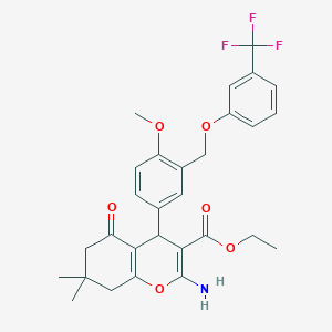 ethyl 2-amino-4-(4-methoxy-3-{[3-(trifluoromethyl)phenoxy]methyl}phenyl)-7,7-dimethyl-5-oxo-5,6,7,8-tetrahydro-4H-chromene-3-carboxylate