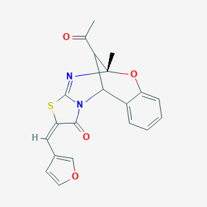 molecular formula C20H16N2O4S B452224 (9S,13E)-16-acetyl-13-(furan-3-ylmethylidene)-9-methyl-8-oxa-12-thia-10,15-diazatetracyclo[7.6.1.02,7.011,15]hexadeca-2,4,6,10-tetraen-14-one 