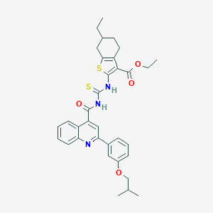 molecular formula C34H37N3O4S2 B452232 Ethyl 6-ethyl-2-{[({[2-(3-isobutoxyphenyl)-4-quinolinyl]carbonyl}amino)carbothioyl]amino}-4,5,6,7-tetrahydro-1-benzothiophene-3-carboxylate 
