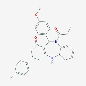 molecular formula C30H30N2O3 B452378 1-[1-hydroxy-11-(4-methoxyphenyl)-3-(4-methylphenyl)-2,3,4,11-tetrahydro-10H-dibenzo[b,e][1,4]diazepin-10-yl]propan-1-one 