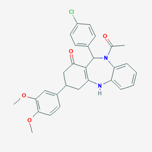 molecular formula C29H27ClN2O4 B452384 5-acetyl-6-(4-chlorophenyl)-9-(3,4-dimethoxyphenyl)-8,9,10,11-tetrahydro-6H-benzo[b][1,4]benzodiazepin-7-one CAS No. 516456-48-7