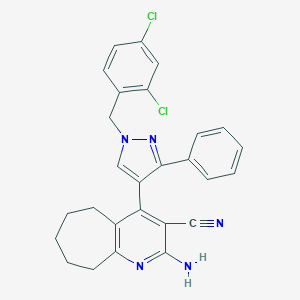 molecular formula C27H23Cl2N5 B452390 2-amino-4-[1-(2,4-dichlorobenzyl)-3-phenyl-1H-pyrazol-4-yl]-6,7,8,9-tetrahydro-5H-cyclohepta[b]pyridine-3-carbonitrile 