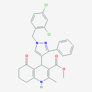 molecular formula C28H25Cl2N3O3 B452395 methyl 4-[1-(2,4-dichlorobenzyl)-3-phenyl-1H-pyrazol-4-yl]-2-methyl-5-oxo-1,4,5,6,7,8-hexahydro-3-quinolinecarboxylate 