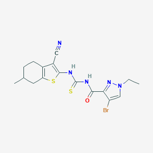molecular formula C17H18BrN5OS2 B452411 4-bromo-N-[(3-cyano-6-methyl-4,5,6,7-tetrahydro-1-benzothiophen-2-yl)carbamothioyl]-1-ethyl-1H-pyrazole-3-carboxamide 