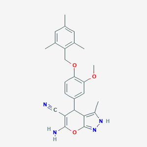 molecular formula C25H26N4O3 B452412 6-Amino-4-[4-(mesitylmethoxy)-3-methoxyphenyl]-3-methyl-1,4-dihydropyrano[2,3-c]pyrazole-5-carbonitrile 