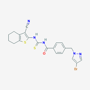 molecular formula C21H18BrN5OS2 B452415 4-[(4-bromo-1H-pyrazol-1-yl)methyl]-N-[(3-cyano-4,5,6,7-tetrahydro-1-benzothiophen-2-yl)carbamothioyl]benzamide 