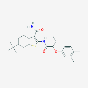 molecular formula C25H34N2O3S B452424 6-Tert-butyl-2-{[2-(3,4-dimethylphenoxy)butanoyl]amino}-4,5,6,7-tetrahydro-1-benzothiophene-3-carboxamide 