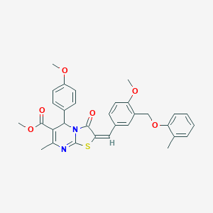 molecular formula C32H30N2O6S B452432 methyl 2-{4-methoxy-3-[(2-methylphenoxy)methyl]benzylidene}-5-(4-methoxyphenyl)-7-methyl-3-oxo-2,3-dihydro-5H-[1,3]thiazolo[3,2-a]pyrimidine-6-carboxylate 