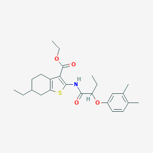 molecular formula C25H33NO4S B452446 Ethyl 2-{[2-(3,4-dimethylphenoxy)butanoyl]amino}-6-ethyl-4,5,6,7-tetrahydro-1-benzothiophene-3-carboxylate 