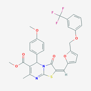 molecular formula C29H23F3N2O6S B452450 methyl 5-(4-methoxyphenyl)-7-methyl-3-oxo-2-[(5-{[3-(trifluoromethyl)phenoxy]methyl}-2-furyl)methylene]-2,3-dihydro-5H-[1,3]thiazolo[3,2-a]pyrimidine-6-carboxylate 