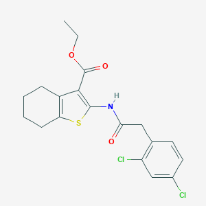 molecular formula C19H19Cl2NO3S B452455 Ethyl 2-{[(2,4-dichlorophenyl)acetyl]amino}-4,5,6,7-tetrahydro-1-benzothiophene-3-carboxylate 