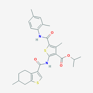 molecular formula C28H32N2O4S2 B452461 Isopropyl 5-[(2,4-dimethylanilino)carbonyl]-4-methyl-2-{[(6-methyl-4,5,6,7-tetrahydro-1-benzothien-3-yl)carbonyl]amino}-3-thiophenecarboxylate 