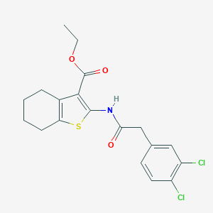 molecular formula C19H19Cl2NO3S B452469 Ethyl 2-{[(3,4-dichlorophenyl)acetyl]amino}-4,5,6,7-tetrahydro-1-benzothiophene-3-carboxylate 