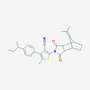 molecular formula C28H30N2O2S B452481 4-(4-Butan-2-ylphenyl)-2-(3,5-dioxo-10-propan-2-ylidene-4-azatricyclo[5.2.1.02,6]decan-4-yl)-5-methylthiophene-3-carbonitrile 