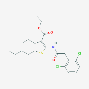 molecular formula C21H23Cl2NO3S B452488 Ethyl 2-{[(2,6-dichlorophenyl)acetyl]amino}-6-ethyl-4,5,6,7-tetrahydro-1-benzothiophene-3-carboxylate 