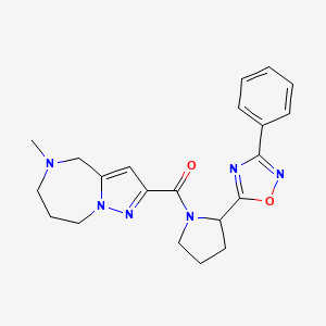 molecular formula C21H24N6O2 B4525009 5-methyl-2-{[2-(3-phenyl-1,2,4-oxadiazol-5-yl)pyrrolidin-1-yl]carbonyl}-5,6,7,8-tetrahydro-4H-pyrazolo[1,5-a][1,4]diazepine 