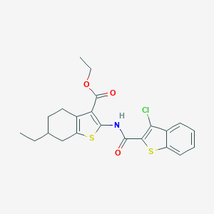 molecular formula C22H22ClNO3S2 B452522 Ethyl 2-{[(3-chloro-1-benzothien-2-yl)carbonyl]amino}-6-ethyl-4,5,6,7-tetrahydro-1-benzothiophene-3-carboxylate 