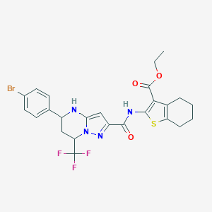molecular formula C25H24BrF3N4O3S B452527 Ethyl 2-({[5-(4-bromophenyl)-7-(trifluoromethyl)-4,5,6,7-tetrahydropyrazolo[1,5-a]pyrimidin-2-yl]carbonyl}amino)-4,5,6,7-tetrahydro-1-benzothiophene-3-carboxylate 
