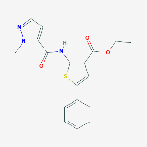 molecular formula C18H17N3O3S B452634 ethyl 2-{[(1-methyl-1H-pyrazol-5-yl)carbonyl]amino}-5-phenyl-3-thiophenecarboxylate 