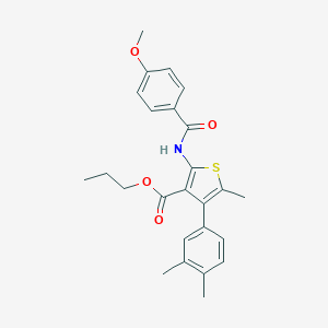 molecular formula C25H27NO4S B452710 Propyl 4-(3,4-dimethylphenyl)-2-[(4-methoxybenzoyl)amino]-5-methyl-3-thiophenecarboxylate 