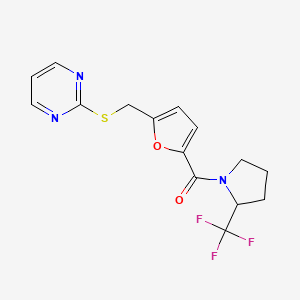 molecular formula C15H14F3N3O2S B4527270 2-{[(5-{[2-(trifluoromethyl)pyrrolidin-1-yl]carbonyl}-2-furyl)methyl]thio}pyrimidine 