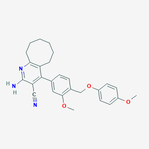 molecular formula C27H29N3O3 B452851 2-Amino-4-{3-methoxy-4-[(4-methoxyphenoxy)methyl]phenyl}-5,6,7,8,9,10-hexahydrocycloocta[b]pyridine-3-carbonitrile 