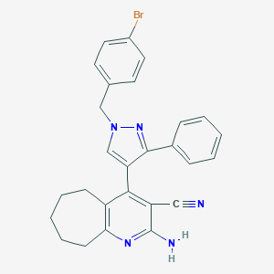 molecular formula C27H24BrN5 B452860 2-amino-4-[1-(4-bromobenzyl)-3-phenyl-1H-pyrazol-4-yl]-6,7,8,9-tetrahydro-5H-cyclohepta[b]pyridine-3-carbonitrile 