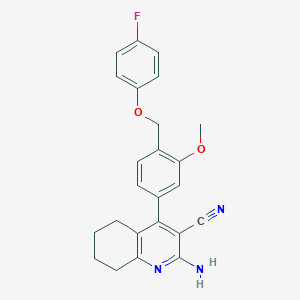 molecular formula C24H22FN3O2 B452874 2-Amino-4-{4-[(4-fluorophenoxy)methyl]-3-methoxyphenyl}-5,6,7,8-tetrahydro-3-quinolinecarbonitrile 