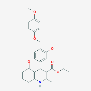 molecular formula C28H31NO6 B452900 Ethyl 4-{3-methoxy-4-[(4-methoxyphenoxy)methyl]phenyl}-2-methyl-5-oxo-1,4,5,6,7,8-hexahydro-3-quinolinecarboxylate 