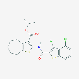 molecular formula C22H21Cl2NO3S2 B452901 isopropyl 2-{[(3,4-dichloro-1-benzothien-2-yl)carbonyl]amino}-5,6,7,8-tetrahydro-4H-cyclohepta[b]thiophene-3-carboxylate 