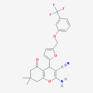 molecular formula C24H21F3N2O4 B452972 2-amino-7,7-dimethyl-5-oxo-4-(5-{[3-(trifluoromethyl)phenoxy]methyl}-2-furyl)-5,6,7,8-tetrahydro-4H-chromene-3-carbonitrile 