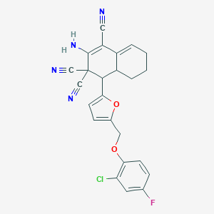 molecular formula C24H18ClFN4O2 B453017 2-amino-4-{5-[(2-chloro-4-fluorophenoxy)methyl]furan-2-yl}-4a,5,6,7-tetrahydronaphthalene-1,3,3(4H)-tricarbonitrile 