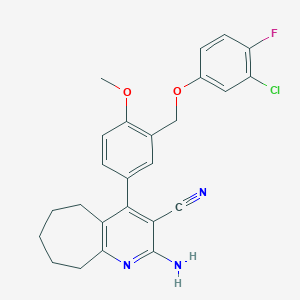 molecular formula C25H23ClFN3O2 B453060 2-amino-4-{3-[(3-chloro-4-fluorophenoxy)methyl]-4-methoxyphenyl}-6,7,8,9-tetrahydro-5H-cyclohepta[b]pyridine-3-carbonitrile 