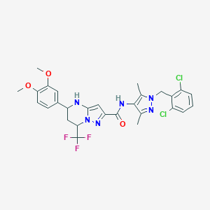 molecular formula C28H27Cl2F3N6O3 B453093 N-[1-(2,6-dichlorobenzyl)-3,5-dimethyl-1H-pyrazol-4-yl]-5-(3,4-dimethoxyphenyl)-7-(trifluoromethyl)-4,5,6,7-tetrahydropyrazolo[1,5-a]pyrimidine-2-carboxamide 