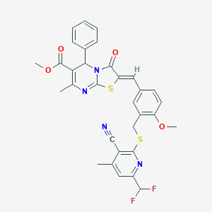molecular formula C32H26F2N4O4S2 B453104 methyl (2Z)-2-[3-({[3-cyano-6-(difluoromethyl)-4-methylpyridin-2-yl]sulfanyl}methyl)-4-methoxybenzylidene]-7-methyl-3-oxo-5-phenyl-2,3-dihydro-5H-[1,3]thiazolo[3,2-a]pyrimidine-6-carboxylate 