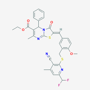 molecular formula C33H28F2N4O4S2 B453106 ethyl (2Z)-2-[3-({[3-cyano-6-(difluoromethyl)-4-methylpyridin-2-yl]sulfanyl}methyl)-4-methoxybenzylidene]-7-methyl-3-oxo-5-phenyl-2,3-dihydro-5H-[1,3]thiazolo[3,2-a]pyrimidine-6-carboxylate 