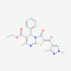 molecular formula C22H22N4O3S B453115 ethyl 2-[(1,3-dimethyl-1H-pyrazol-4-yl)methylene]-7-methyl-3-oxo-5-phenyl-2,3-dihydro-5H-[1,3]thiazolo[3,2-a]pyrimidine-6-carboxylate 