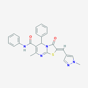 molecular formula C25H21N5O2S B453132 (2Z)-7-methyl-2-[(1-methyl-1H-pyrazol-4-yl)methylidene]-3-oxo-N,5-diphenyl-2,3-dihydro-5H-[1,3]thiazolo[3,2-a]pyrimidine-6-carboxamide 