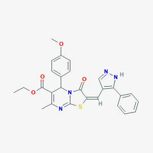 molecular formula C27H24N4O4S B453133 ethyl (2E)-5-(4-methoxyphenyl)-7-methyl-3-oxo-2-[(3-phenyl-1H-pyrazol-4-yl)methylidene]-2,3-dihydro-5H-[1,3]thiazolo[3,2-a]pyrimidine-6-carboxylate 