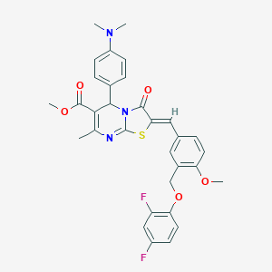 molecular formula C32H29F2N3O5S B453141 methyl 2-{3-[(2,4-difluorophenoxy)methyl]-4-methoxybenzylidene}-5-[4-(dimethylamino)phenyl]-7-methyl-3-oxo-2,3-dihydro-5H-[1,3]thiazolo[3,2-a]pyrimidine-6-carboxylate 