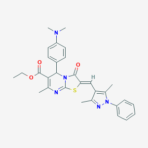 molecular formula C30H31N5O3S B453143 ethyl 5-[4-(dimethylamino)phenyl]-2-[(3,5-dimethyl-1-phenyl-1H-pyrazol-4-yl)methylene]-7-methyl-3-oxo-2,3-dihydro-5H-[1,3]thiazolo[3,2-a]pyrimidine-6-carboxylate 