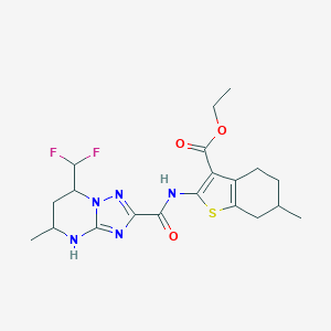 molecular formula C20H25F2N5O3S B453156 Ethyl 2-({[7-(difluoromethyl)-5-methyl-4,5,6,7-tetrahydro[1,2,4]triazolo[1,5-a]pyrimidin-2-yl]carbonyl}amino)-6-methyl-4,5,6,7-tetrahydro-1-benzothiophene-3-carboxylate 