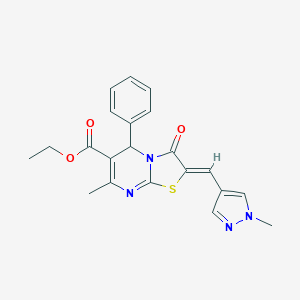 molecular formula C21H20N4O3S B453162 ETHYL 7-METHYL-2-[(Z)-1-(1-METHYL-1H-PYRAZOL-4-YL)METHYLIDENE]-3-OXO-5-PHENYL-5H-[1,3]THIAZOLO[3,2-A]PYRIMIDINE-6(3H)-CARBOXYLATE 