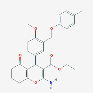 molecular formula C27H29NO6 B453196 ethyl 2-amino-4-{4-methoxy-3-[(4-methylphenoxy)methyl]phenyl}-5-oxo-5,6,7,8-tetrahydro-4H-chromene-3-carboxylate 