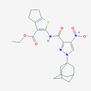 molecular formula C24H28N4O5S B453252 ethyl 2-[({1-(1-adamantyl)-4-nitro-1H-pyrazol-3-yl}carbonyl)amino]-5,6-dihydro-4H-cyclopenta[b]thiophene-3-carboxylate 