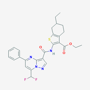 molecular formula C27H26F2N4O3S B453292 Ethyl 2-({[7-(difluoromethyl)-5-phenylpyrazolo[1,5-a]pyrimidin-3-yl]carbonyl}amino)-6-ethyl-4,5,6,7-tetrahydro-1-benzothiophene-3-carboxylate 