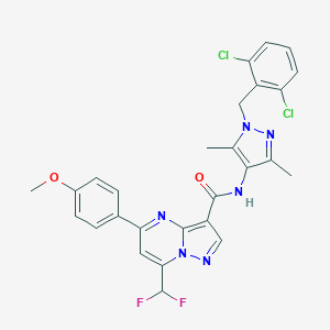 molecular formula C27H22Cl2F2N6O2 B453307 N-[1-(2,6-dichlorobenzyl)-3,5-dimethyl-1H-pyrazol-4-yl]-7-(difluoromethyl)-5-(4-methoxyphenyl)pyrazolo[1,5-a]pyrimidine-3-carboxamide 