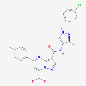 molecular formula C27H23ClF2N6O B453308 N-[1-(4-chlorobenzyl)-3,5-dimethyl-1H-pyrazol-4-yl]-7-(difluoromethyl)-5-(4-methylphenyl)pyrazolo[1,5-a]pyrimidine-3-carboxamide 